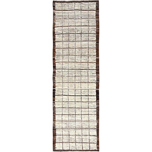 Almond Milk White, Textured Pile, Tone on Tone, Moroccan Weave with Grid Design, Undyed Natural Wool, Hand Knotted, Runner, Oriental 