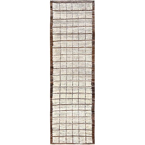 Floral White, Hand Knotted, Moroccan Weave with Grid Design, Textured Pile, Tone on Tone, Undyed Natural Wool, Runner, Oriental 