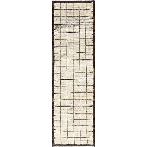 Island Spice White, Moroccan Weave with Grid Design, Textured Pile, Tone on Tone, Undyed Natural Wool, Hand Knotted, Runner, Oriental 