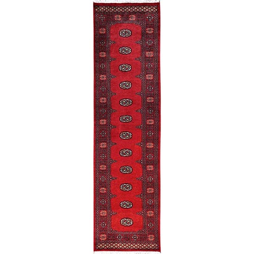 Cherry Red, Hand Knotted, Princess Bokara with Tribal Medallions, Natural Wool, Narrow Runner, Oriental 