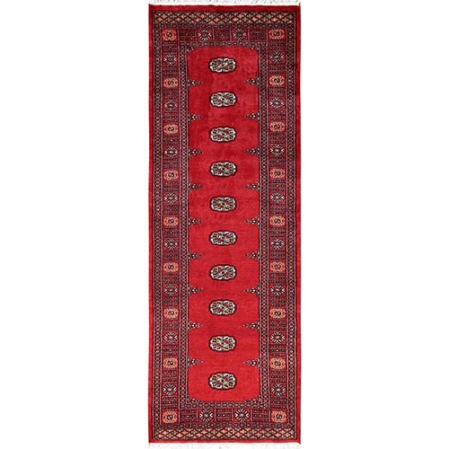 Berry Red, Hand Knotted, Princess Bokara with Geometric Medallions, Soft Wool, Runner, Oriental 