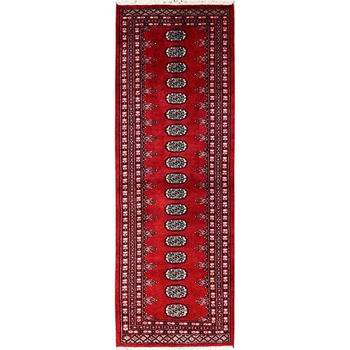 Cherry Red, Princess Bokara with Tribal Medallions, Soft and Velvety Wool, Hand Knotted, Narrow Runner, Oriental 