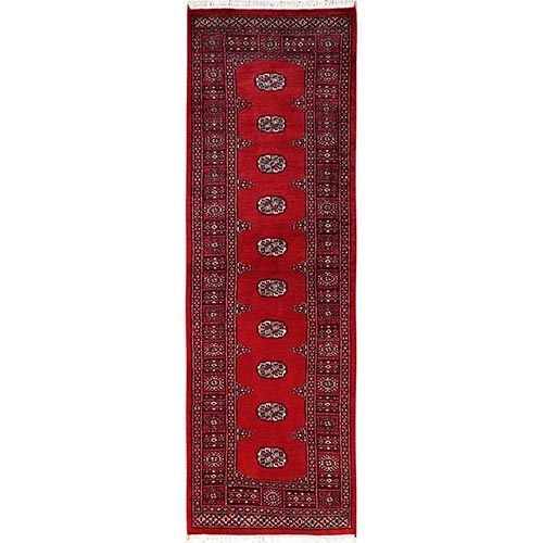 Crimson Red, Hand Knotted, Princess Bokara with Tribal Medallions, Soft and Shiny Wool, Narrow Runner, Oriental 