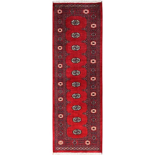 Scarlet Red, Princess Bokara with Tribal Medallions, Hand Knotted, Soft and Vibrant Wool, Narrow Runner, Oriental 