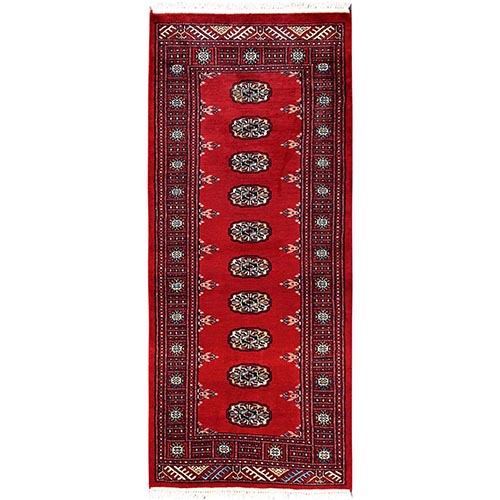 Carmine Red, Hand Knotted, Princess Bokara with Tribal Medallions, Natural Wool, Narrow Runner, Oriental 