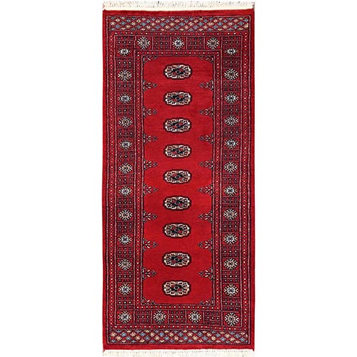 Crimson Red, Soft and Shiny Wool, Hand Knotted, Princess Bokara with Tribal Medallions, Narrow Runner, Oriental 