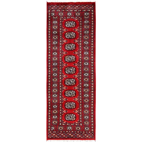 Auburn Red, Princess Bokara with Tribal Medallions, Soft and Velvety Wool, Hand Knotted, Narrow Runner, Oriental 