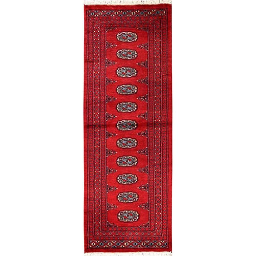 Carmine Red, Princess Bokara with Tribal Medallions, Soft and Shiny Wool, Hand Knotted, Narrow Runner, Oriental 