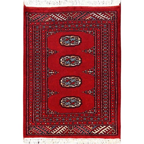 Ruby Red, Soft and Shiny Wool, Princess Bokara with Tribal Medallions, Hand Knotted, Mat, Sample, Oriental 