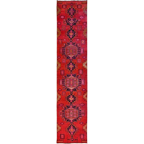 Crimson Red, Vintage Persian Hamadan with Geometric Pattern, Worn and Distressed, Hand Knotted, 100% Wool, Cropped Thin, Zero Pile, Sides and Ends Professionally Secured, Clean, Runner, Oriental 