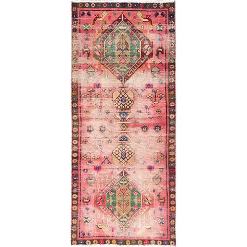 Coral Pink, Vintage Northwest Persian with Peacocks Design, 100% Wool, Hand Knotted, Cropped Thin, Worn and Distressed, Sides and Ends Professionally Secured, Runner, Oriental 