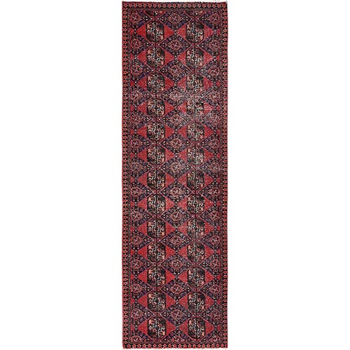 Auburn Red, Vintage Turkoman, Washed, 100% Wool, Hand Knotted, Cropped Thin, Worn Out and Distressed, Even Wear, Sides and Ends Professionally Secured, Runner, Oriental 