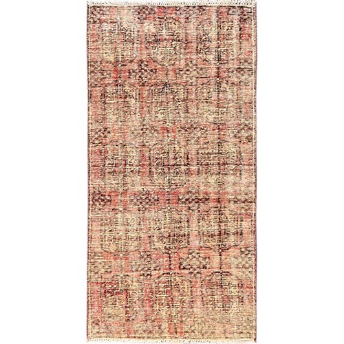 Coral Pink, Erased and Distressed, Worn Out, Vintage Turkoman with Elephant Feet Design, 100% Wool, Hand Knotted, Cropped Thin, Sides and Ends Professionally Secured, Runner, Oriental 
