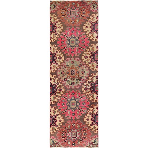 Mocha Brown, Vintage Northwest Persian with Large Flower Design, 100% Wool, Hand Knotted, Cropped Thin, Worn and Distressed, Sides and Ends Professionally Secured, Fragment, Runner, Oriental 