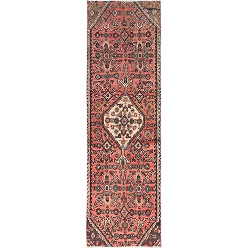Salmon Pink, Vintage Persian Bibikabad with All Over Design, 100% Wool, Hand Knotted, Sheared Low, Worn and Distressed, Sides and Ends Professionally Secured, Runner, Oriental 