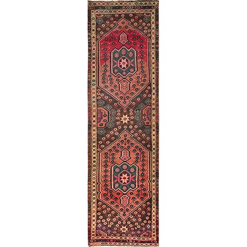 Cedar Brown, Vintage Persian Hamadan with Distinct Abrash, Geometric Pattern, Hand Knotted, 100% Wool, Sheared Low, Worn and Distressed, Sides and Ends Professionally Secured, Runner, Oriental 
