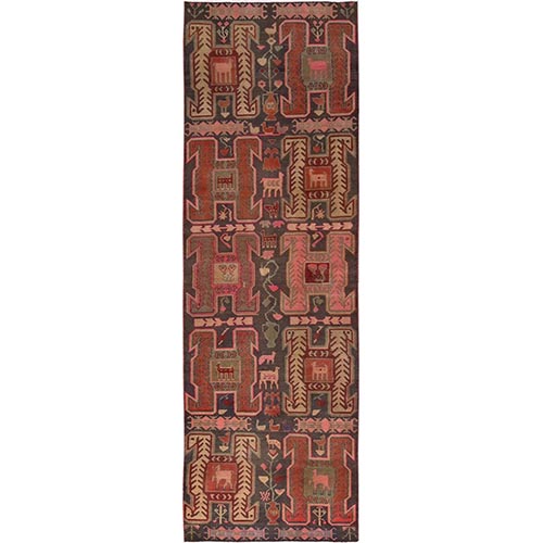 Carob Brown, Vintage Northwest Persian with Animal Figurines, Worn Down and Distressed, 100% Wool, Hand Knotted, Zero Pile, Sides and Ends Professionally Secured, Runner, Oriental 