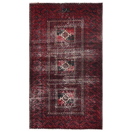 Scarlet Red, Erased and Worn Out, Vintage Persian Baluch with Geometric Pattern, Even Wear, Sheared Low, Zero Pile, Sides and Ends Professionally Secured, Hand Knotted, 100% Wool, Oriental 