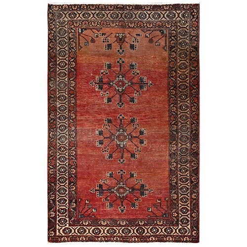 Sunset Colors, Vintage Persian Baluch with Geometric Flower Design, Distressed and Worn Out, Sheared Low, Zero Pile, Sides and Ends Professionally Secured, Hand Knotted, 100% Wool, Oriental 