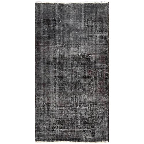 Charcoal Black, Worn Out and Overdyed, Vintage Persian Tabriz, Sheared Low, Zero Pile, Sides and Ends Professionally Secured, Hand Knotted, 100% Wool, Oriental 