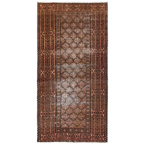 Chocolate Brown, Vintage Persian Baluch with All Over Design, Worn Down and Distressed, 100% Wool, Hand Knotted, Zero Pile, Sides and Ends Professionally Secured, Wide Runner, Oriental 