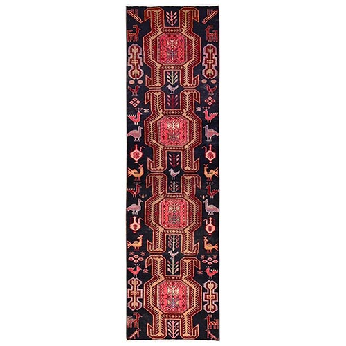 Midnight Black, Vintage Northwest Persian with Birds Design, 100% Wool, Hand Knotted, Cropped Thin, Worn and Distressed, Sides and Ends Professionally Secured, Runner, Oriental 