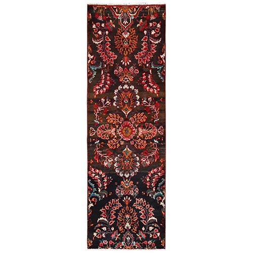 Chocolate Brown, Vintage Persian Lilahan with Flower Design, 100% Wool, Hand Knotted, Cropped Thin, Worn and Distressed, Sides and Ends Professionally Secured, Runner, Oriental 