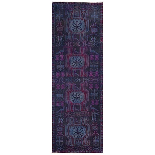 Braves Navy Blue with Purple Highlights, Overdyed Vintage Northwest Persian with Birds Design, 100% Wool, Hand Knotted, Cropped Thin, Worn and Distressed, Sides and Ends Professionally Secured, Runner, Oriental 