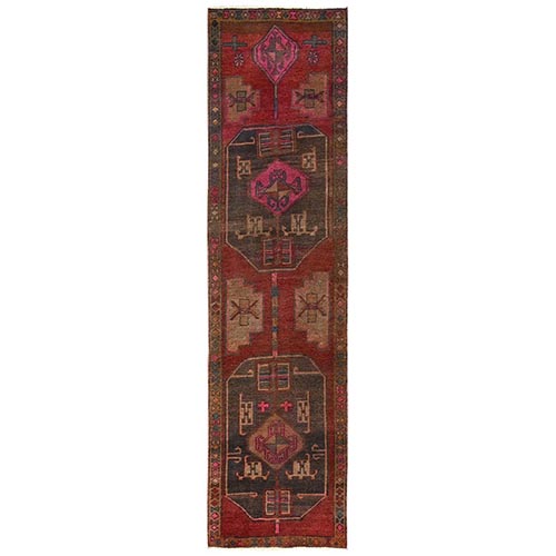 Auburn Red, Vintage Persian Hamadan, Worn and Distressed, Sheared Low, Zero Pile, Sides and Ends Professionally Secured, Hand Knotted, 100% Wool, Oriental 
