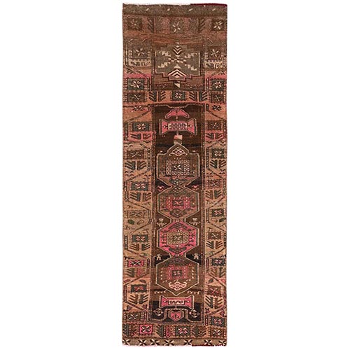 Camel Brown, Vintage Northwest Persian with Distinct Abrash, Geometric Design, 100% Wool, Hand Knotted, Cropped Thin, Worn and Distressed, Sides and Ends Professionally Secured, Runner, Oriental 