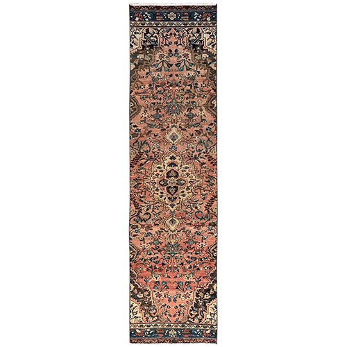 Peach Color, Vintage Persian Lilahan with Flower Design, 100% Wool, Hand Knotted, Cropped Thin, Worn and Distressed, Sides and Ends Professionally Secured, Runner, Oriental 