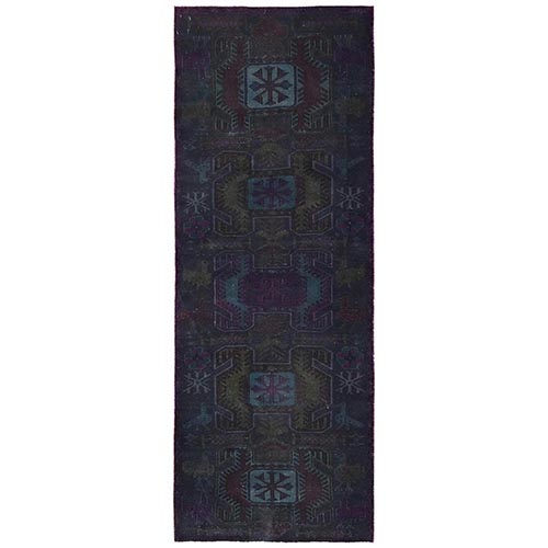 Winter Bloom Purple Overdyed, Vintage Northwest Persian with Geometric Pattern, 100% Wool, Hand Knotted, Sheared Low, Worn Down, Sides and Ends Professionally Secured, Good Condition, Runner, Oriental 