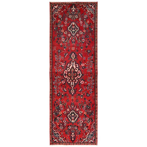 Berry Red, Vintage Persian Lilahan with Flower Design, 100% Wool, Hand Knotted, Cropped Thin, Worn and Distressed, Sides and Ends Professionally Secured, Runner, Oriental 
