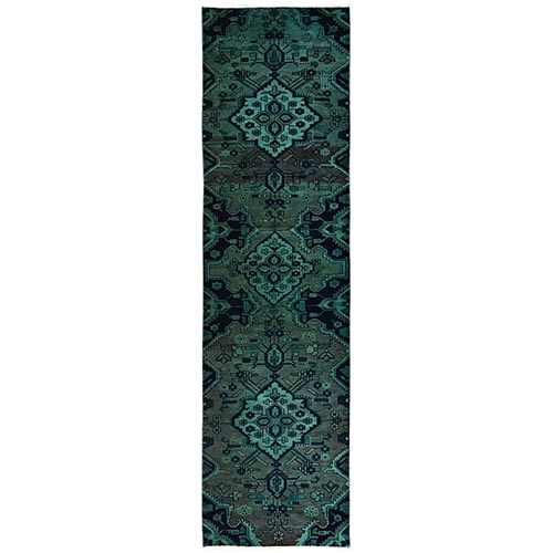 Marine Green Overdyed, Vintage Persian Hamadan with Medallions Design, Worn and Distressed, Sheared Low, Zero Pile, Sides and Ends Professionally Secured, Hand Knotted, 100% Wool, Runner, Oriental 