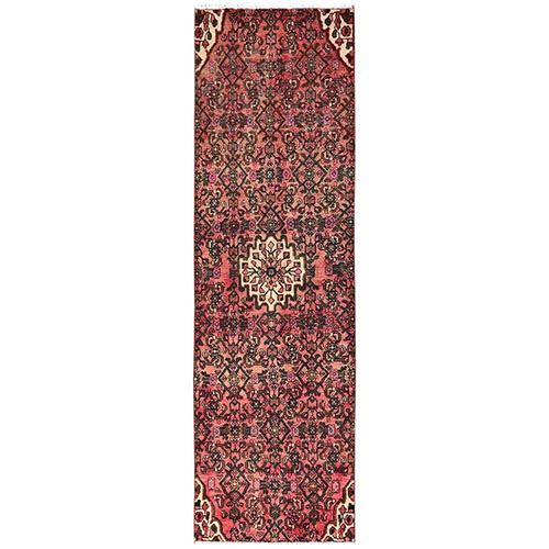 Peach Color, Vintage Persian Hussaianabad with All Over Design, Hand Knotted, 100% Wool, Distressed, Sheared Low, Zero Pile, Sides and Ends Professionally Secured, Runner, Oriental 