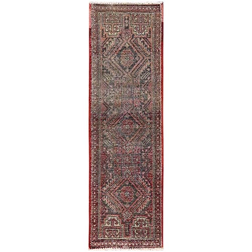Brick Red, Vintage Northwest Persian with Geometric Pattern, 100% Wool, Hand Knotted, Worn and Distressed, Cropped Thin, Sides and Ends Professionally Secured, Narrow Runner, Oriental 