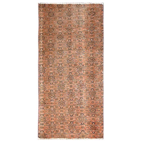 Fenugreek Peach, Vintage Northwest Persian with Repetitive Fish Mahi All Over Design, Fragment, 100% Wool, Hand Knotted, Cropped Thin, Even Wear, Sides and Ends Professionally Secured, Good Condition, Mat, Oriental 