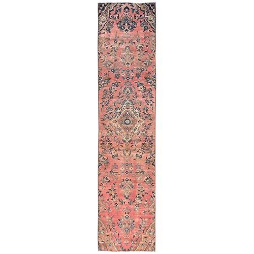Coral Pink, Vintage Persian Lilahan with Flower Design, 100% Wool, Hand Knotted, Cropped Thin, Worn and Distressed, Sides and Ends Professionally Secured, Runner, Oriental 