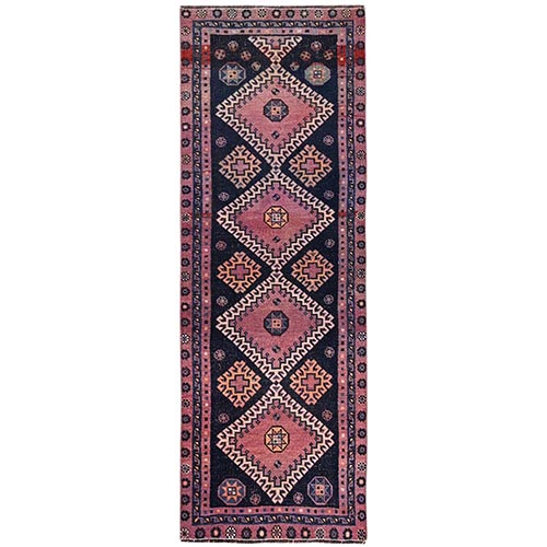Braves Navy Blue, Vintage Persian Shiraz with Geometric Medallions Design, Hand Knotted, 100% Wool, Worn and Distressed, Sheared Low, Zero Pile, Sides and Ends Professionally Secured, Runner, Oriental 