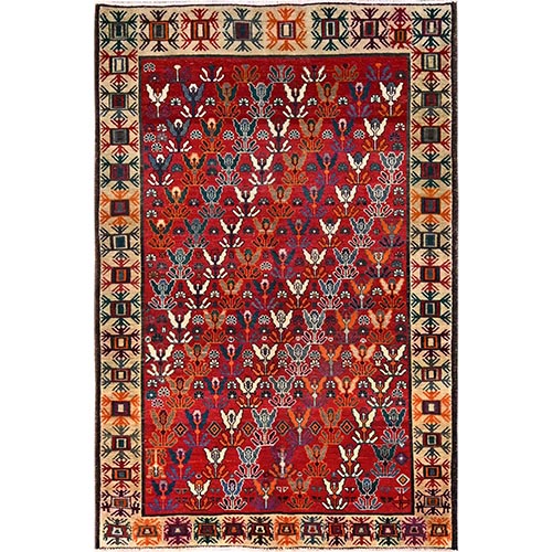Scarlet Red, Vintage Persian Shiraz with Repetitive Flower Design, Worn and Distressed, Sheared Low, Zero Pile, Sides and Ends Professionally Secured, Hand Knotted, 100% Wool, Oriental 