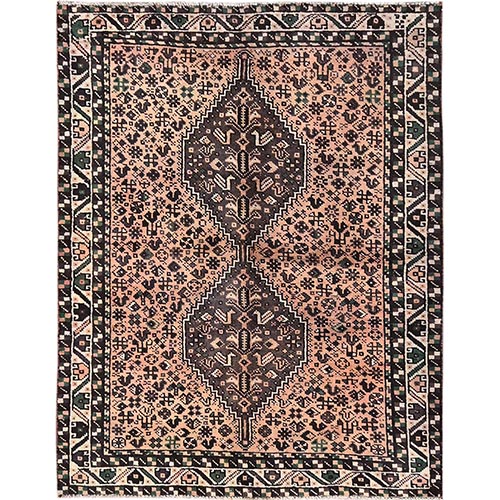 Peach Color, Vintage Persian Shiraz with Geometric Pattern, Sheared Low, Zero Pile, Even Wear, Sides and Ends Professionally Secured, Clean, Hand Knotted, 100% Wool, Oriental 