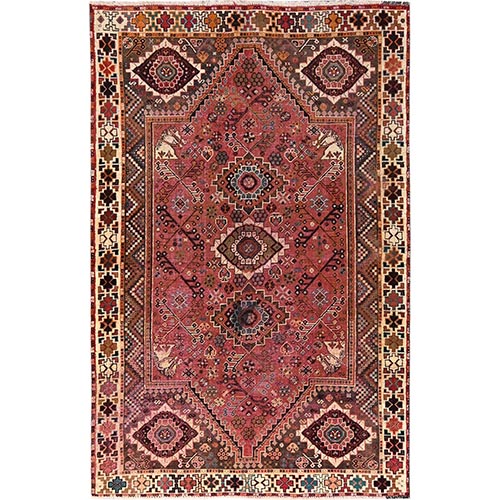 Coral Pink, Vintage Persian Shiraz with All Over Design, Worn and Distressed, Sheared Low, Zero Pile, Sides and Ends Professionally Secured, Hand Knotted, 100% Wool, Oriental 