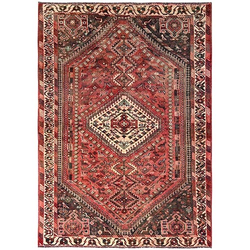 Rose Red, Vintage Persian Shiraz with Small Animal Figurines, Geometric Pattern, Worn and Distressed, Cropped Thin, Zero Pile, Sides and Ends Professionally Secured, Hand Knotted, 100% Wool, Oriental 