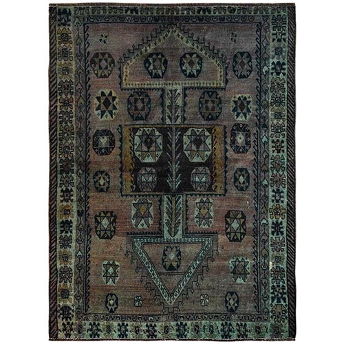 Friar Brown, Overdyed, Vintage Persian Shiraz with Geometric Pattern, Worn and Distressed, Sheared Low, Zero Pile, Sides and Ends Professionally Secured, Hand Knotted, 100% Wool, Oriental 