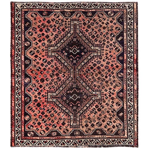 Blush Red, Vintage Persian Shiraz with Geometric Medallion Design, Sheared Low, Even Wear, Zero Pile, Sides and Ends Professionally Secured, Hand Knotted, 100% Wool, Squarish, Oriental 