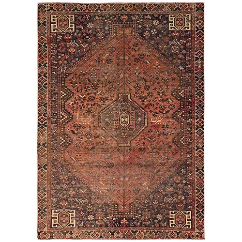 Rust Orange, Vintage Persian Shiraz with Small Bird Figurines, Signed, Worn and Distressed, Sheared Low, Zero Pile, Sides and Ends Professionally Secured, Hand Knotted, 100% Wool, Oriental 
