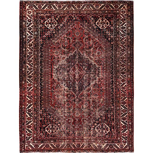 Scarlet Red, Vintage Persian Shiraz with Medallion Design, Worn and Distressed, Sheared Low, Zero Pile, Sides and Ends Professionally Secured, Hand Knotted, 100% Wool, Oriental 