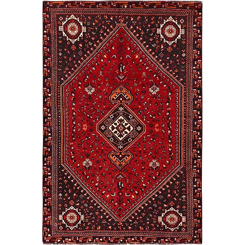 Ajax Red, Vintage Persian Shiraz with Medallion Design, Small Animal Figurines, Sheared Low, Zero Pile, Sides and Ends Professionally Secured, Hand Knotted, 100% Wool, Oriental 