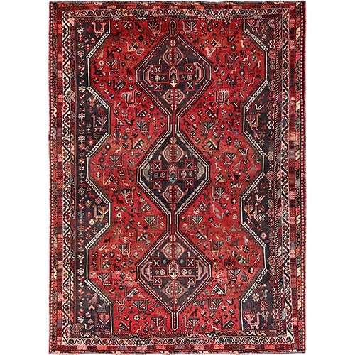 Scarlet Red, Vintage Persian Shiraz with Small Animal Figurines, Geometric Design, Worn and Distressed, Cropped Thin, Zero Pile, Sides and Ends Professionally Secured, Hand Knotted, 100% Wool, Oriental 