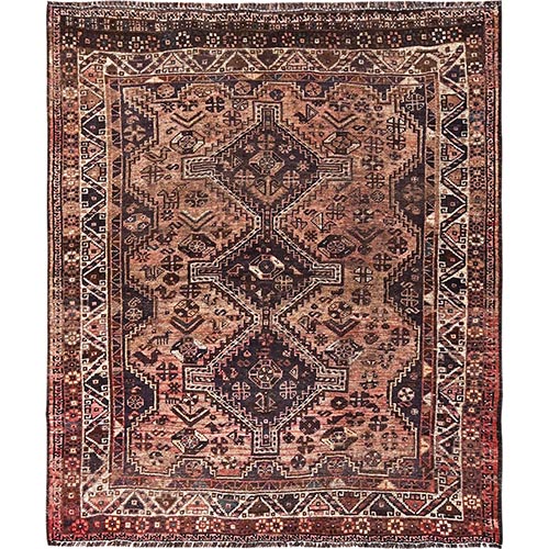 Tiramisu Brown, Vintage Persian Shiraz with Geometric Design, Worn and Distressed, Sheared Low, Zero Pile, Sides and Ends Professionally Secured, Hand Knotted, 100% Wool, Oriental 